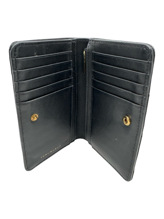 Tory Burch Black Leather Chevron Goldtone hardware Snap button Wallet Black