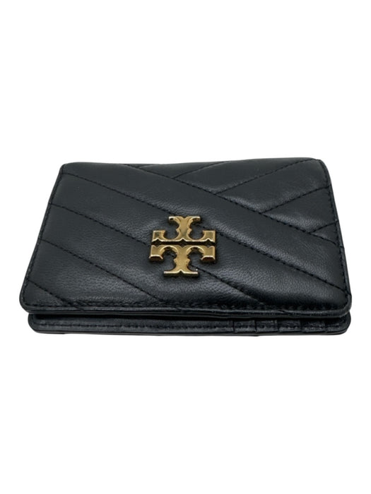 Tory Burch Black Leather Chevron Goldtone hardware Snap button Wallet Black
