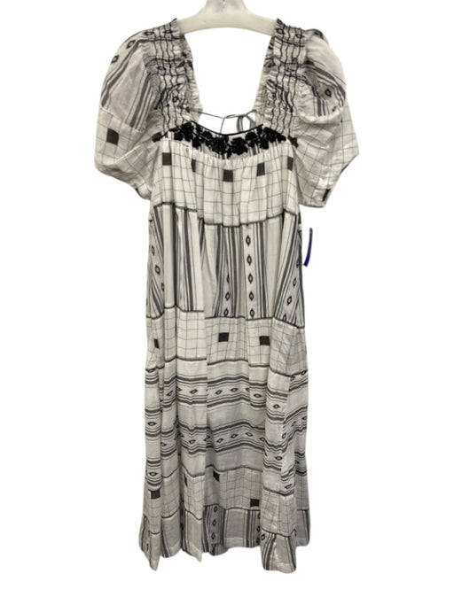 Free People Size Est S Black & White Cotton Square Neck Puff Short Sleeve Dress Black & White / Est S