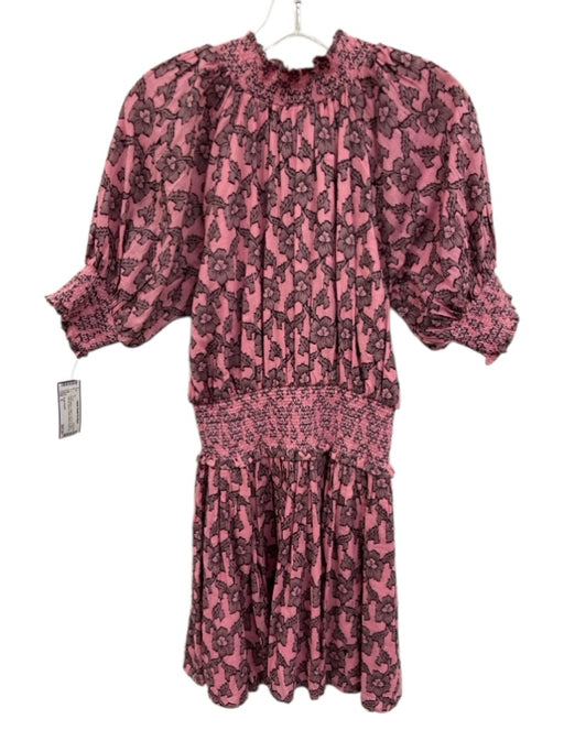 Roller Rabbit Size S Pink & Black Cotton Front Tie V Neck 3/4 Puff Sleeve Dress Pink & Black / S