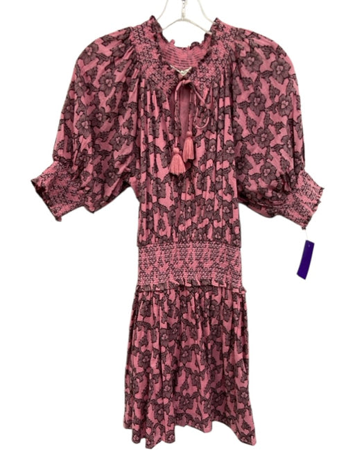 Roller Rabbit Size S Pink & Black Cotton Front Tie V Neck 3/4 Puff Sleeve Dress Pink & Black / S