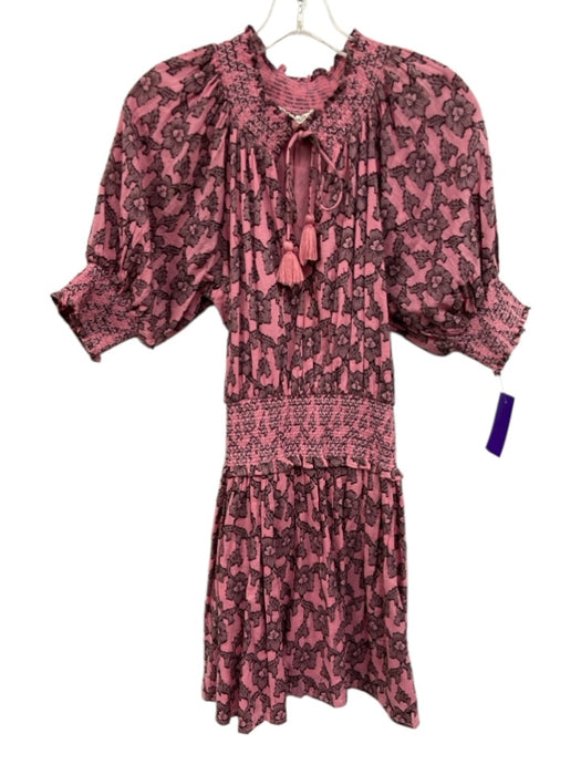 Roller Rabbit Size S Pink & Black Cotton Front Tie V Neck 3/4 Puff Sleeve Dress Pink & Black / S