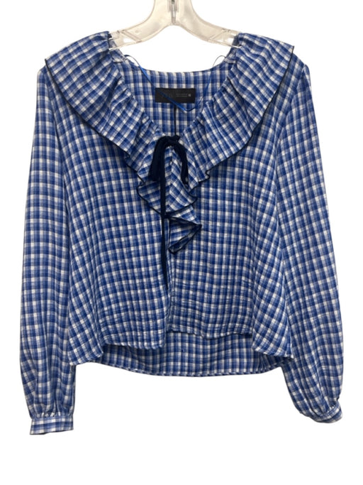 Zara Size XS Blue & White Polyester Long Sleeve Gingham Lettuce Edge Top Blue & White / XS