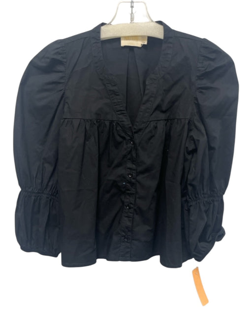 Nation Size XS Black Prima Cotton V Neck Puff Sleeve Button Front Top Black / XS