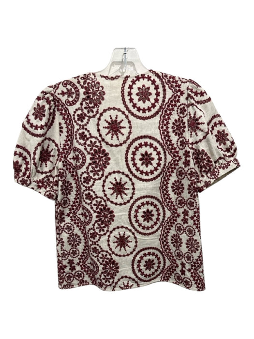 Sezane Size 36 Cream & Red Linen & Cotton Eyelet Button Front Embroidered Top Cream & Red / 36
