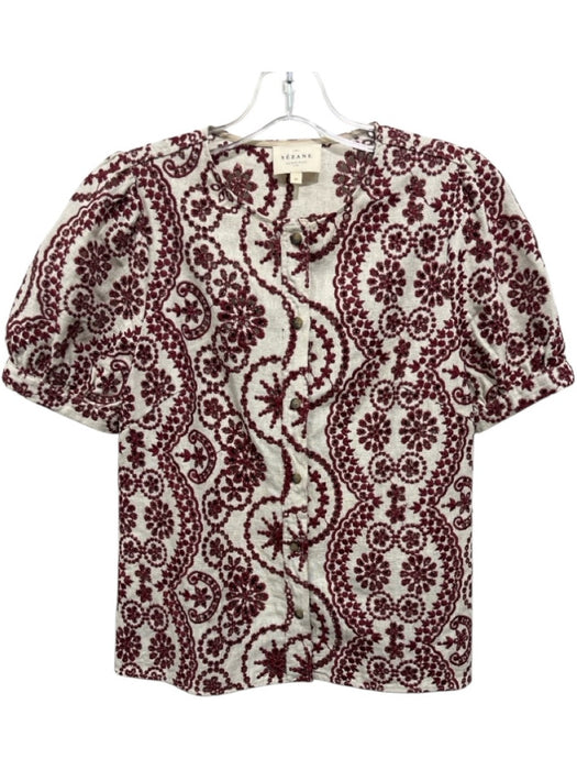 Sezane Size 36 Cream & Red Linen & Cotton Eyelet Button Front Embroidered Top Cream & Red / 36