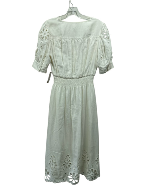 Elie Tahari Size XS White Linen Blend Floral Eyelet Short Puff Sleeve Dress White / XS