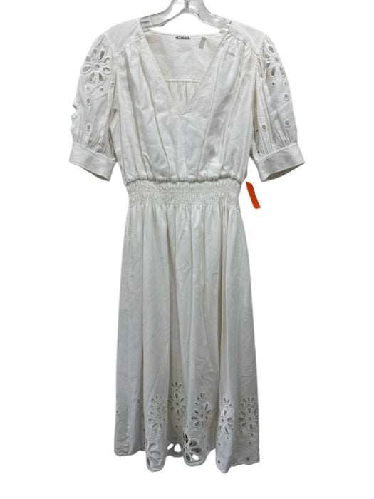 Elie Tahari Size XS White Linen Blend Floral Eyelet Short Puff Sleeve Dress White / XS