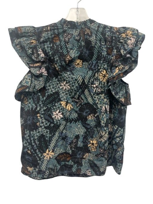 Ulla Johnson Size 4 Teal & Multi Cotton Abstract Print Ruffle Cap Sleeve Top Teal & Multi / 4