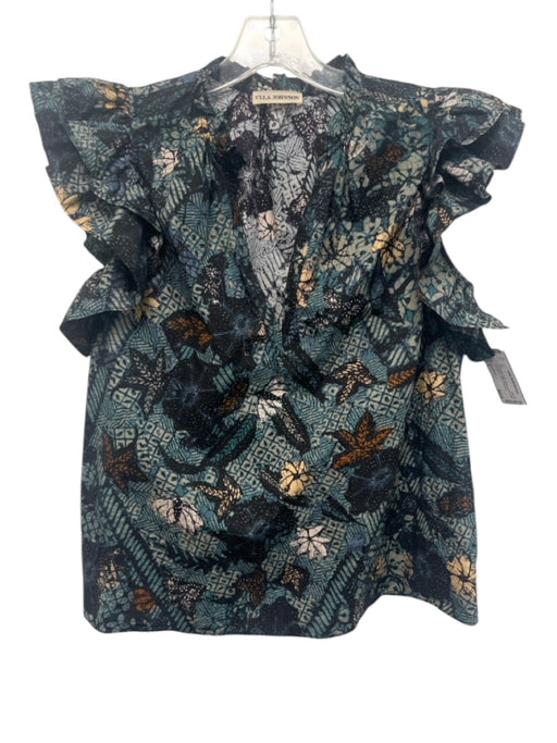 Ulla Johnson Size 4 Teal & Multi Cotton Abstract Print Ruffle Cap Sleeve Top Teal & Multi / 4