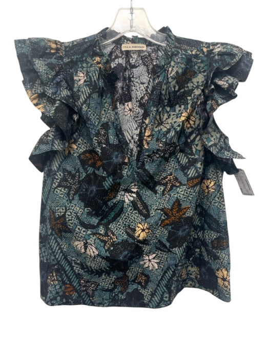 Ulla Johnson Size 4 Teal & Multi Cotton Abstract Print Ruffle Cap Sleeve Top Teal & Multi / 4