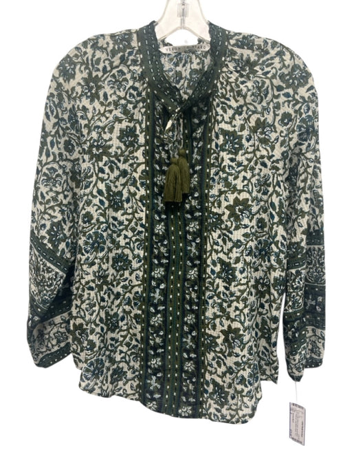 Veronica Beard Size S Cream White & Green Viscose Blend Botanical Tie V Neck Top Cream White & Green / S