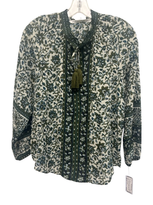Veronica Beard Size S Cream White & Green Viscose Blend Botanical Tie V Neck Top Cream White & Green / S