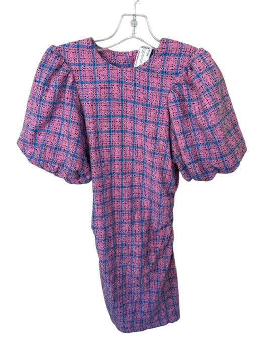 Ganni Size Est XS Pink & blue Cotton Blend Short Balloon Sleeve Grid Dress Pink & blue / Est XS