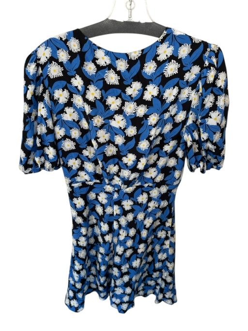 Staud Size 6 Black & Blue Rayon Short Balloon Sleeve Flowers V Neck Dress Black & Blue / 6