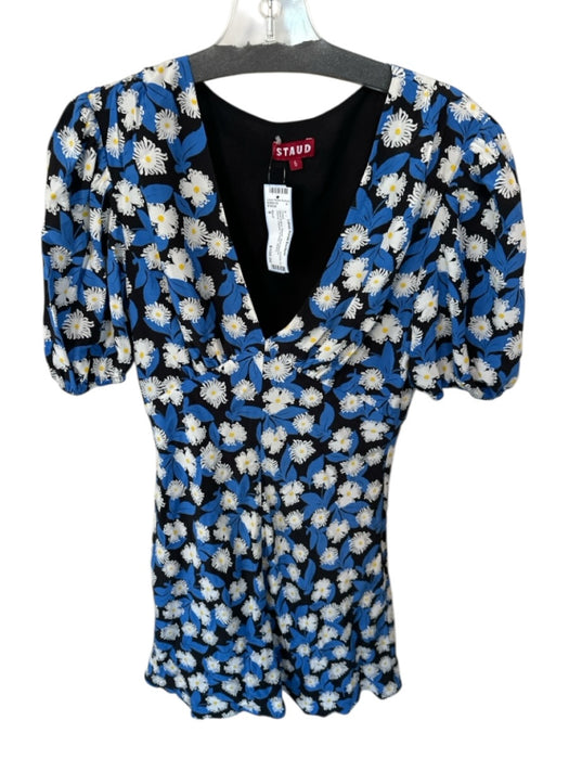 Staud Size 6 Black & Blue Rayon Short Balloon Sleeve Flowers V Neck Dress Black & Blue / 6
