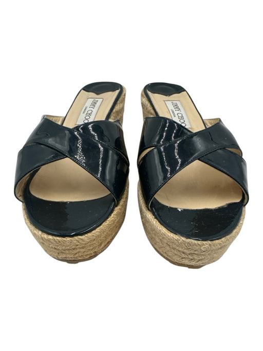 Jimmy Choo Shoe Size 41 Black & Beige Leather & Raffia Wedge Platform Sandals Black & Beige / 41