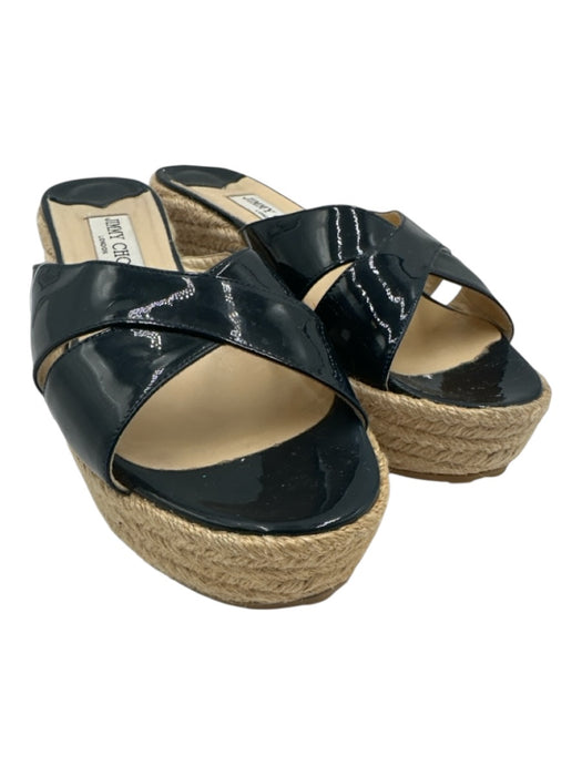 Jimmy Choo Shoe Size 41 Black & Beige Leather & Raffia Wedge Platform Sandals Black & Beige / 41