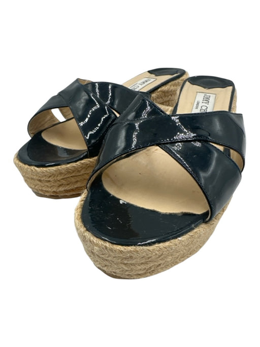 Jimmy Choo Shoe Size 41 Black & Beige Leather & Raffia Wedge Platform Sandals Black & Beige / 41