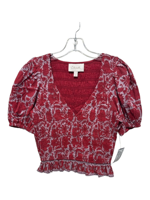 Cleobella Size S Red & Purple Cotton Smocked Flowers V Neck Top Red & Purple / S