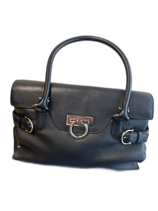 Salvatore Ferragamo Black Leather silver tone hardware Gancini Flap Satchel Bag Black