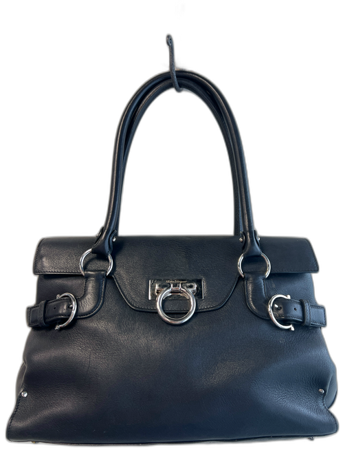 Salvatore Ferragamo Black Leather silver tone hardware Gancini Flap Satchel Bag Black