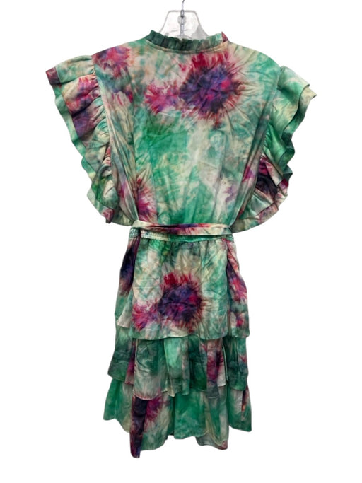 Marie Oliver Size L Green, Pink, Purple Silk & Cotton Ruffle Cap Sleeve Dress Green, Pink, Purple / L