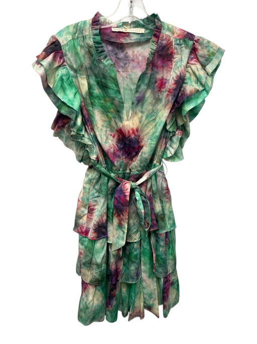 Marie Oliver Size L Green, Pink, Purple Silk & Cotton Ruffle Cap Sleeve Dress Green, Pink, Purple / L