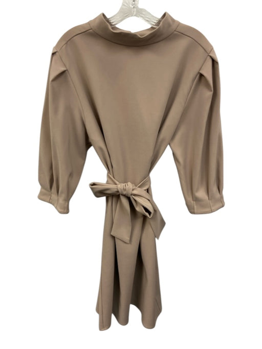 La Roque Size L Beige Polyester Short Puff Sleeve Stand Collar Knee length Dress Beige / L