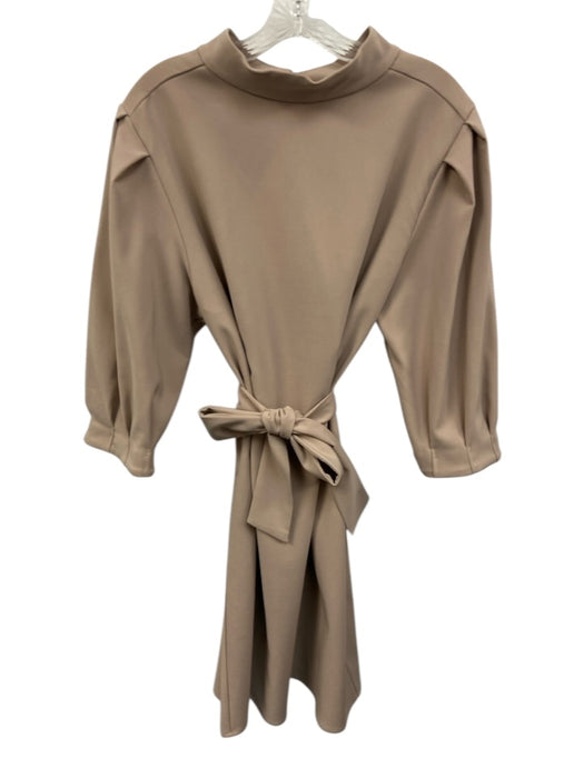 La Roque Size L Beige Polyester Short Puff Sleeve Stand Collar Knee length Dress Beige / L