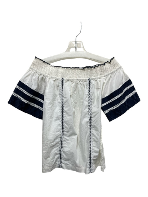 Tory Burch Size S/P White & Blue Cotton Zig Zag Stitch Smocked Neck Top White & Blue / S/P