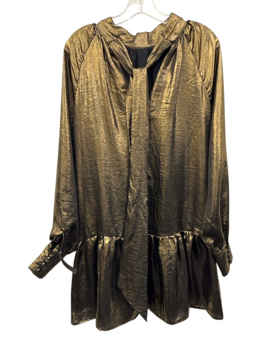 Happy Nature Size XS Gold Polyester Metallic High Tie Neck Mini Dress Gold / XS