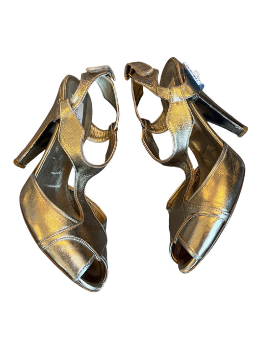 Valentino Shoe Size 37 Pewter Leather Metallic Peep Toe Velcro Pumps Pewter / 37