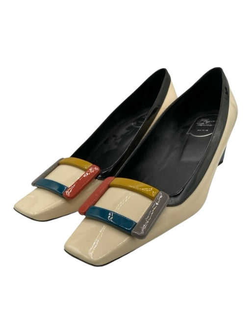 Roger Vivier Shoe Size 39 Cream, Blue, & Multi Patent Leather Midi Heel Pumps Cream, Blue, & Multi / 39