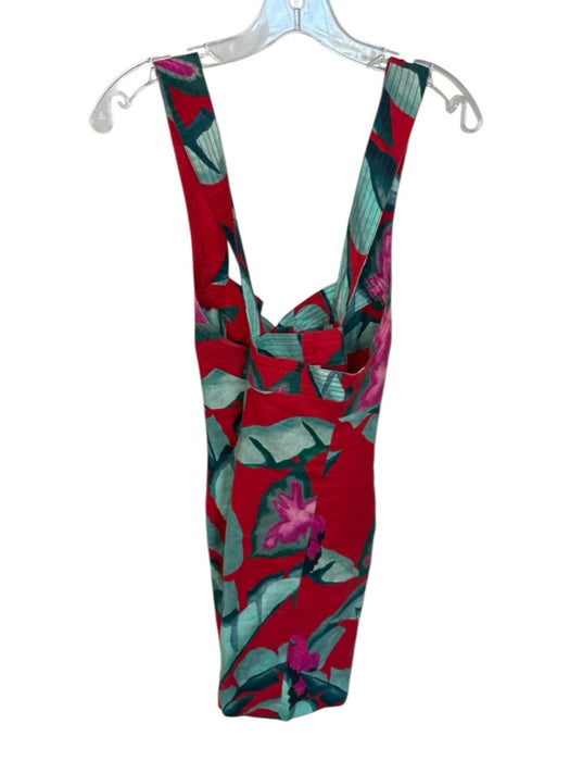 Farm Rio Size L Red & Aqua Linen floral pattern Wood Buttons Thick Strap Dress Red & Aqua / L