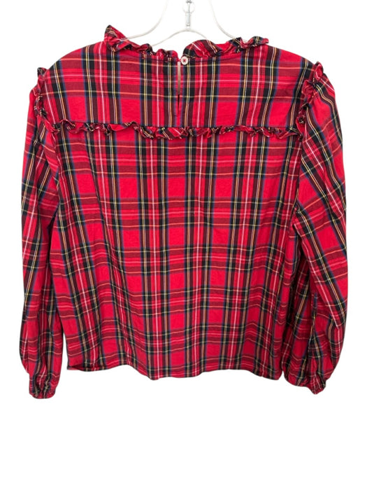J. Crew Size L Red & Multi Cotton Long Sleeve Ruffle Accent Plaid Blouse Red & Multi / L
