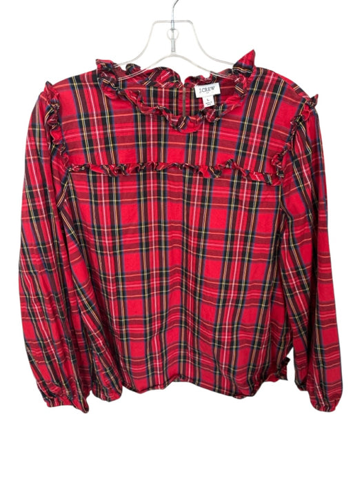 J. Crew Size L Red & Multi Cotton Long Sleeve Ruffle Accent Plaid Blouse Red & Multi / L