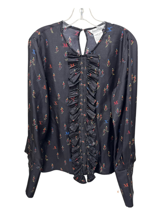 Max Mara Size 8 Black, Red, Yellow Silk Ski Print Pleated Ruffle Long Sleeve Top Black, Red, Yellow / 8