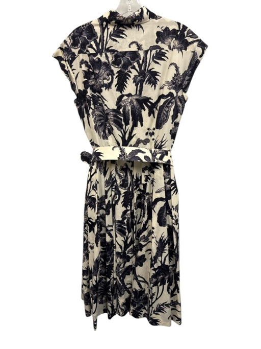 Cara Cara Size 8 Cream & Navy Blue Poplin Cotton Short Sleeve Floral Print Dress Cream & Navy Blue / 8