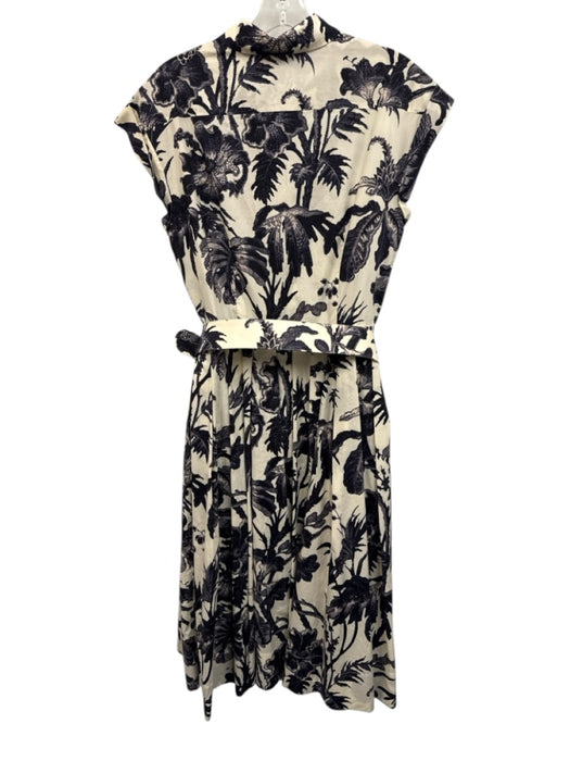 Cara Cara Size 8 Cream & Navy Blue Poplin Cotton Short Sleeve Floral Print Dress Cream & Navy Blue / 8
