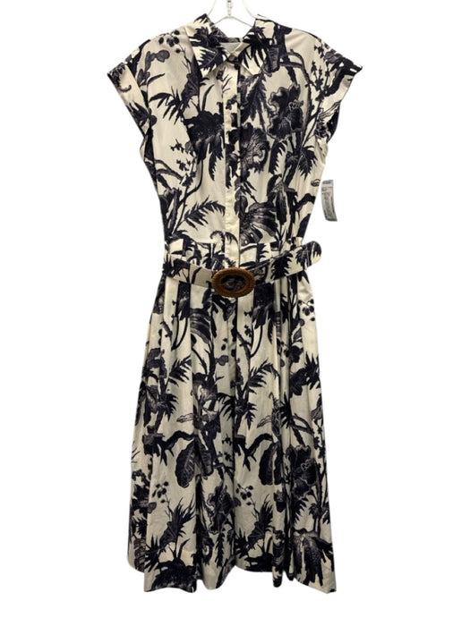 Cara Cara Size 8 Cream & Navy Blue Poplin Cotton Short Sleeve Floral Print Dress Cream & Navy Blue / 8
