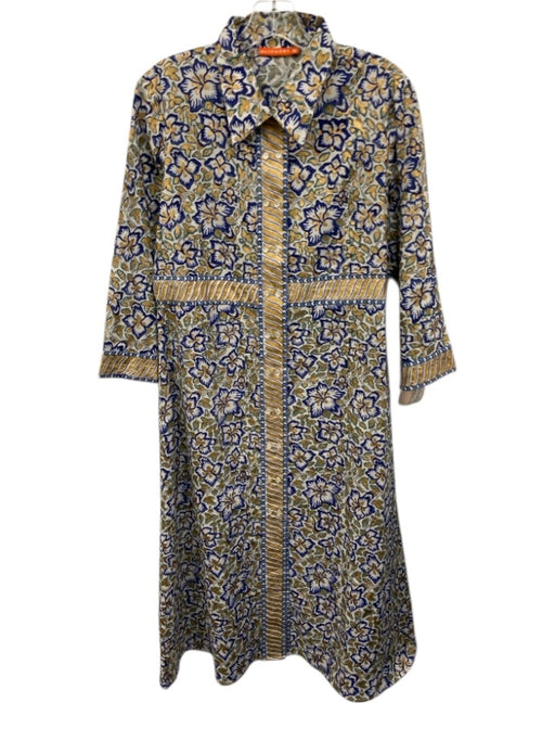 Oliphant Size Medium Blue, Green, Gold Cotton Long Sleeve Floral Print Dress Blue, Green, Gold / Medium