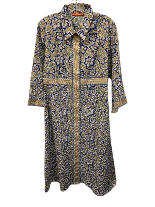Oliphant Size Medium Blue, Green, Gold Cotton Long Sleeve Floral Print Dress Blue, Green, Gold / Medium