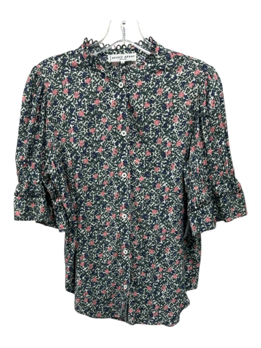 A Piece Apart Size 4 White, Green, Multi Viscose Button Up Floral Print Top White, Green, Multi / 4