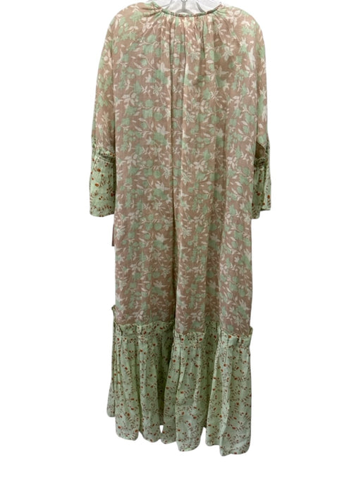 Yvonne S Size S Beige, Brown & Green Linen Floral 1/2 Sleeve Ruffle Hem Dress Beige, Brown & Green / S