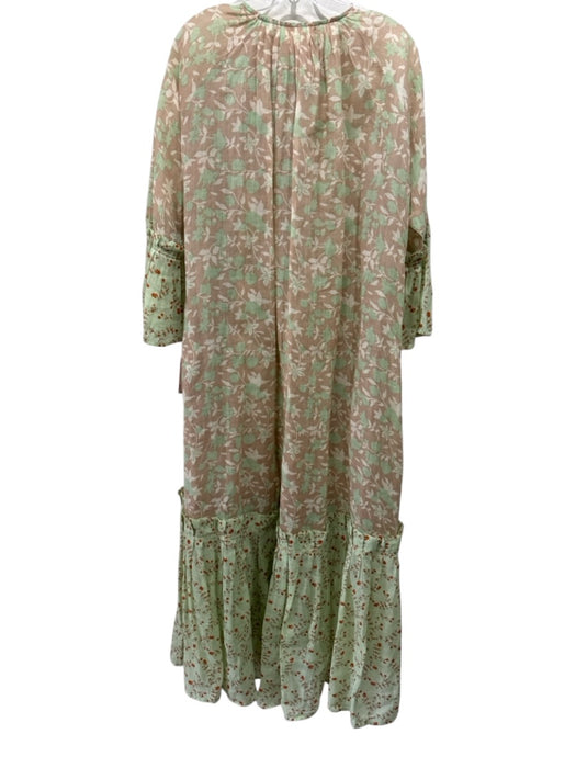 Yvonne S Size S Beige, Brown & Green Linen Floral 1/2 Sleeve Ruffle Hem Dress Beige, Brown & Green / S