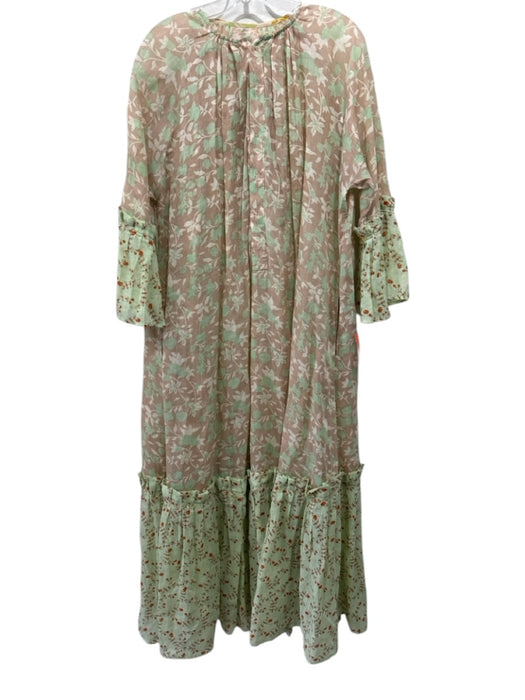 Yvonne S Size S Beige, Brown & Green Linen Floral 1/2 Sleeve Ruffle Hem Dress Beige, Brown & Green / S