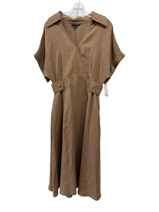 Banana Republic Size S Tan Brown Linen Short Sleeve V Neck Front Pleat Dress Tan Brown / S
