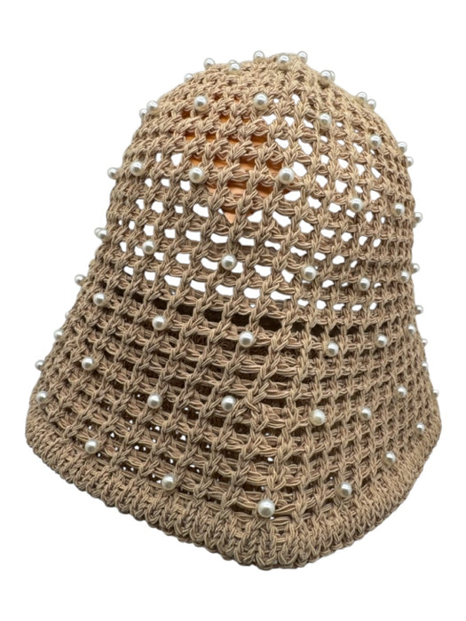 Lele Sadoughi Taupe & White Polyester Blend Crochet Knit Pearl Detail Bucket Hat Taupe & White / One Size