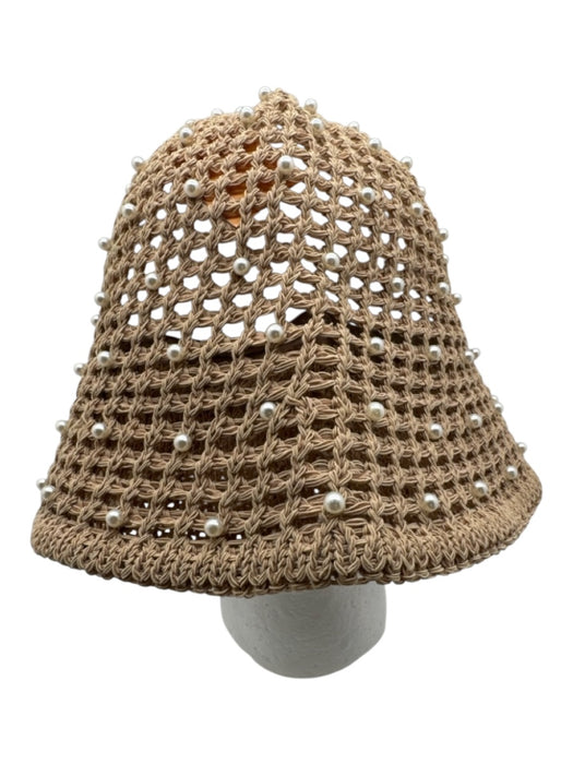 Lele Sadoughi Taupe & White Polyester Blend Crochet Knit Pearl Detail Bucket Hat Taupe & White / One Size